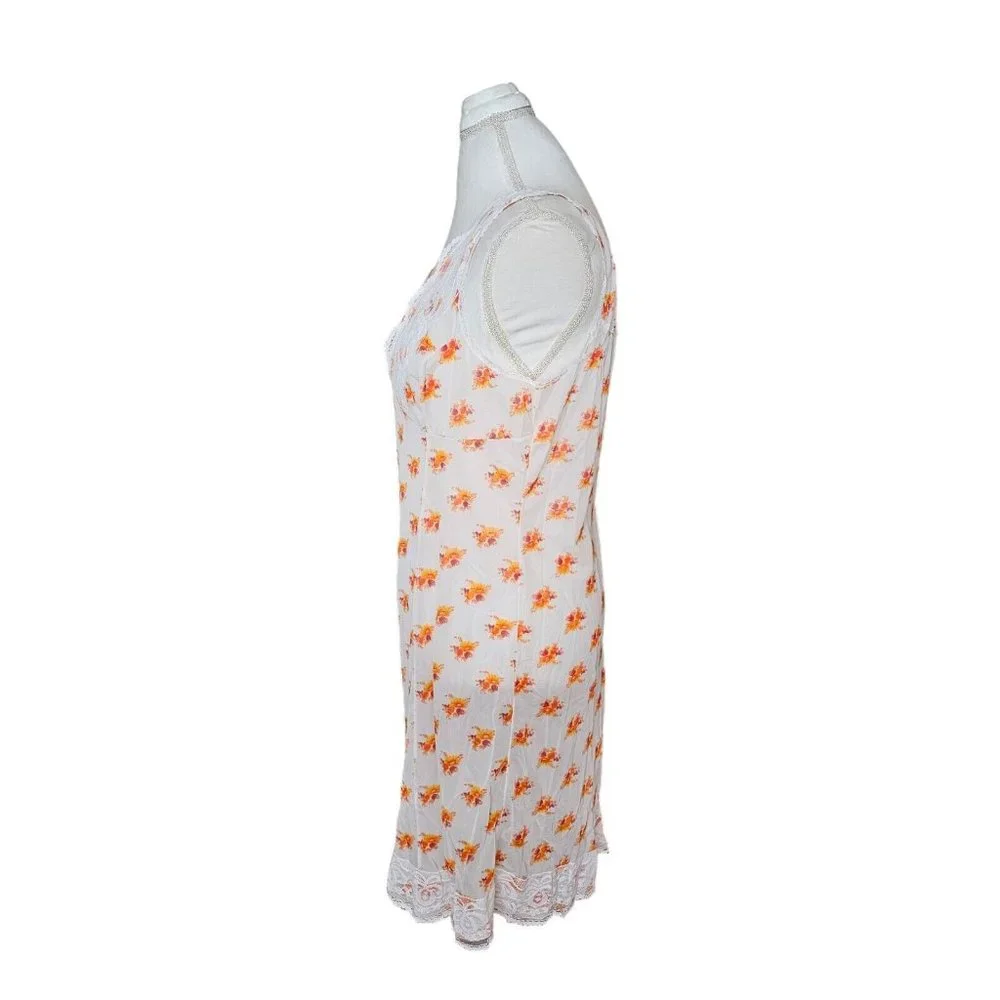 VTG Sheer‎ White Orange Floral Full Slip Sz M Lace Trim Poland 60s 70s Nylon
